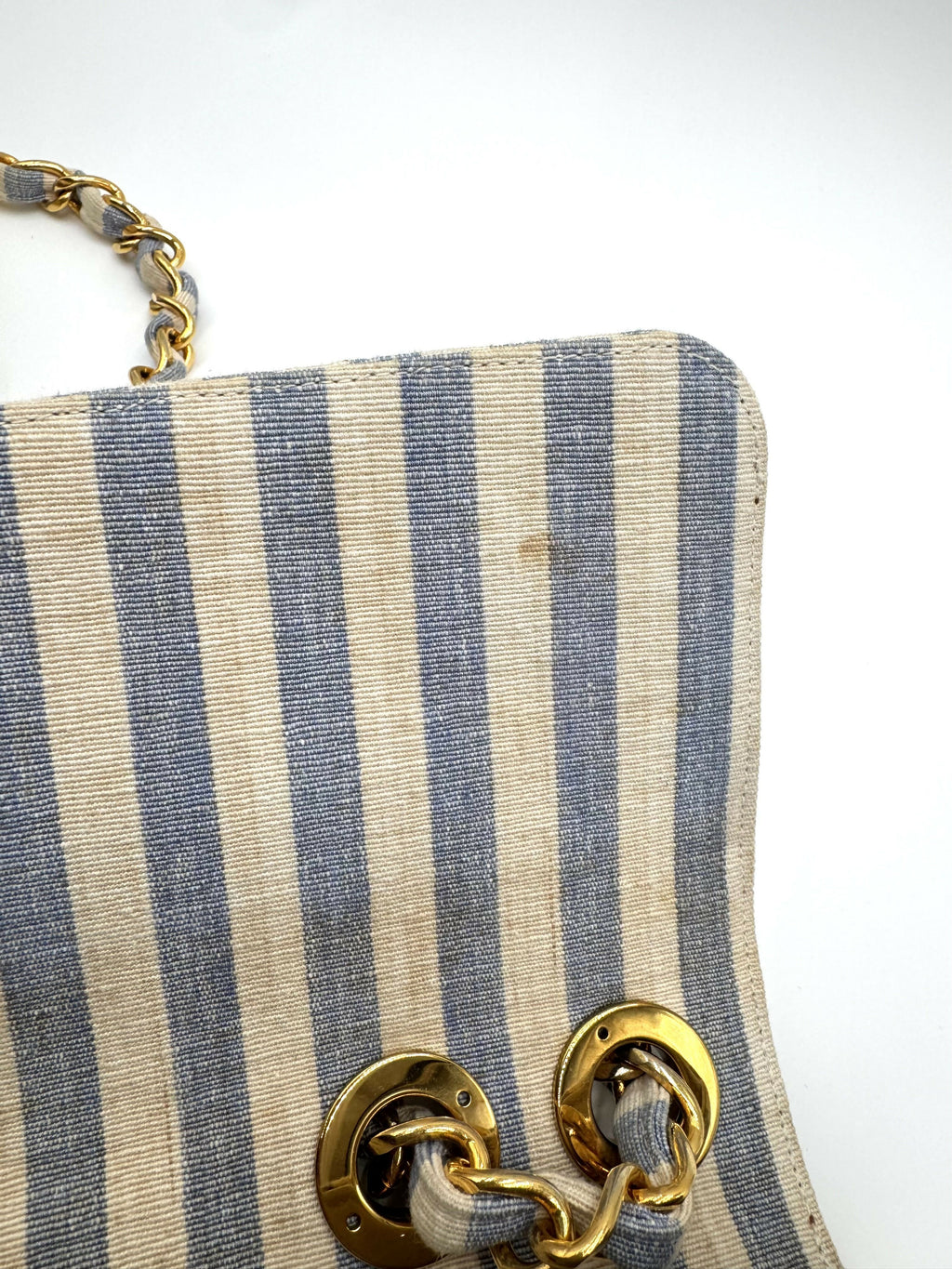 Chanel Vintage 1990s Blue and White Striped Linen Jumbo Single Classic Flap Bag