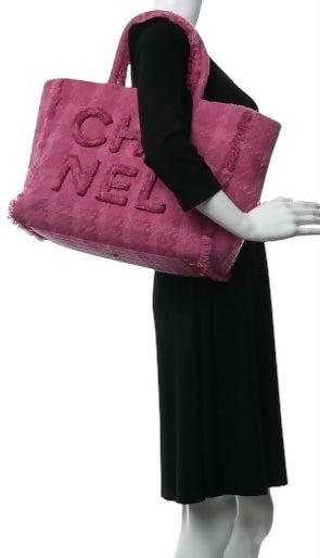 Chanel 19K Giant Large Logo Pink Fuscia Wool Tweed Shopping Bag GHW