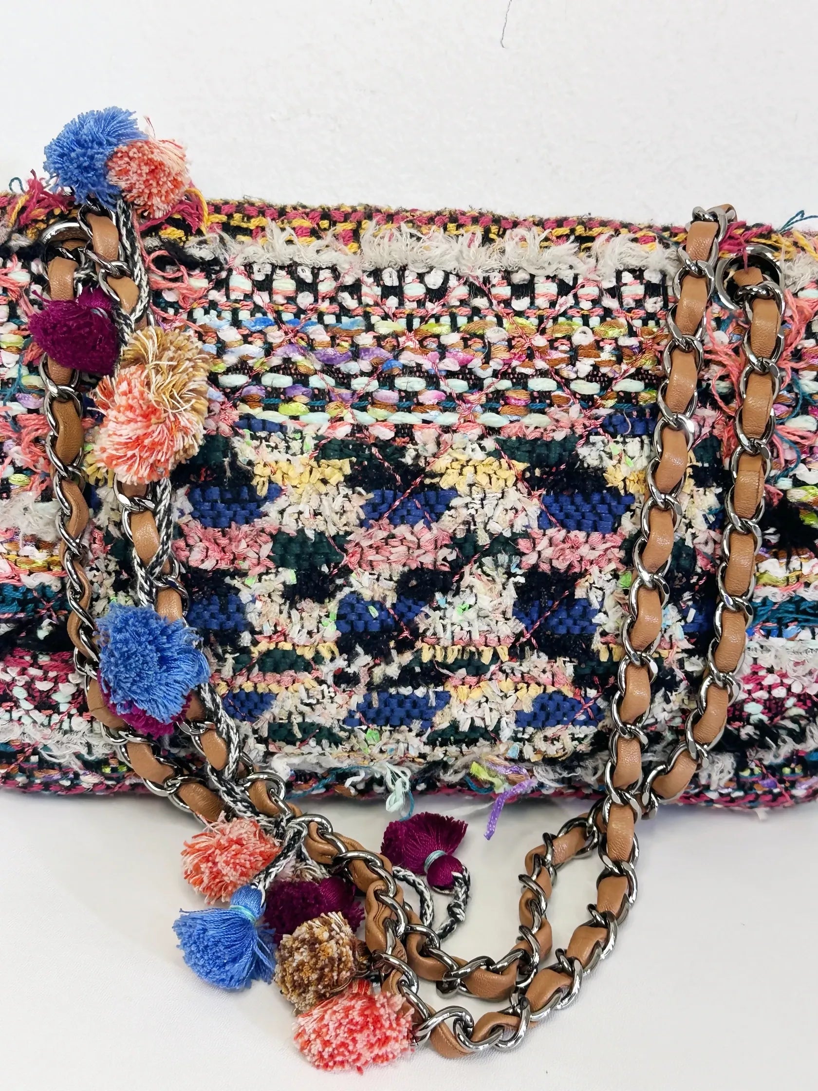 Chanel Pom Pom CC Quilted Tweed Medium Flap Bag with Ruthenium Hardware