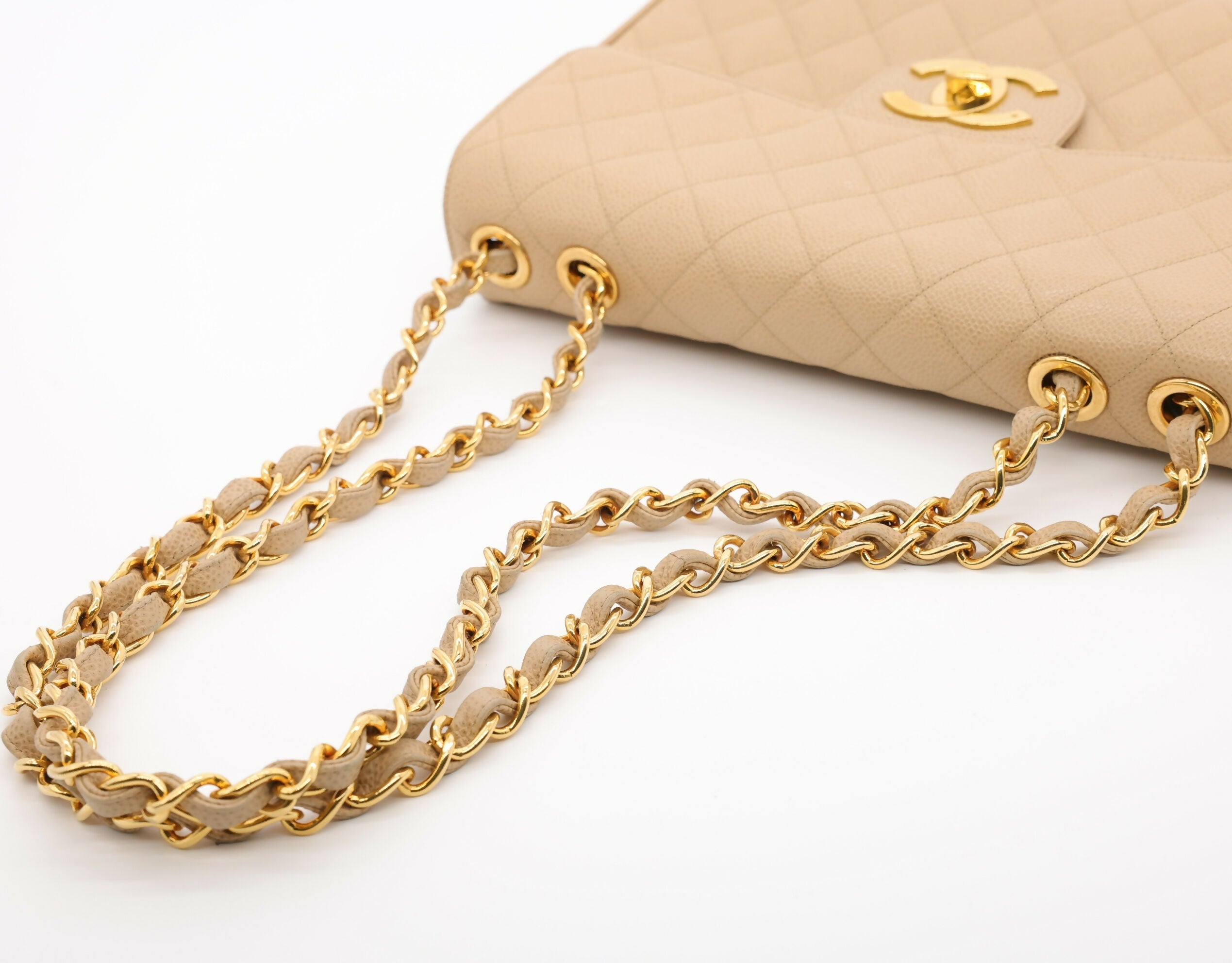 Chanel Vintage 1990s Caviar Dark Beige Jumbo Single Classic Flap Bag