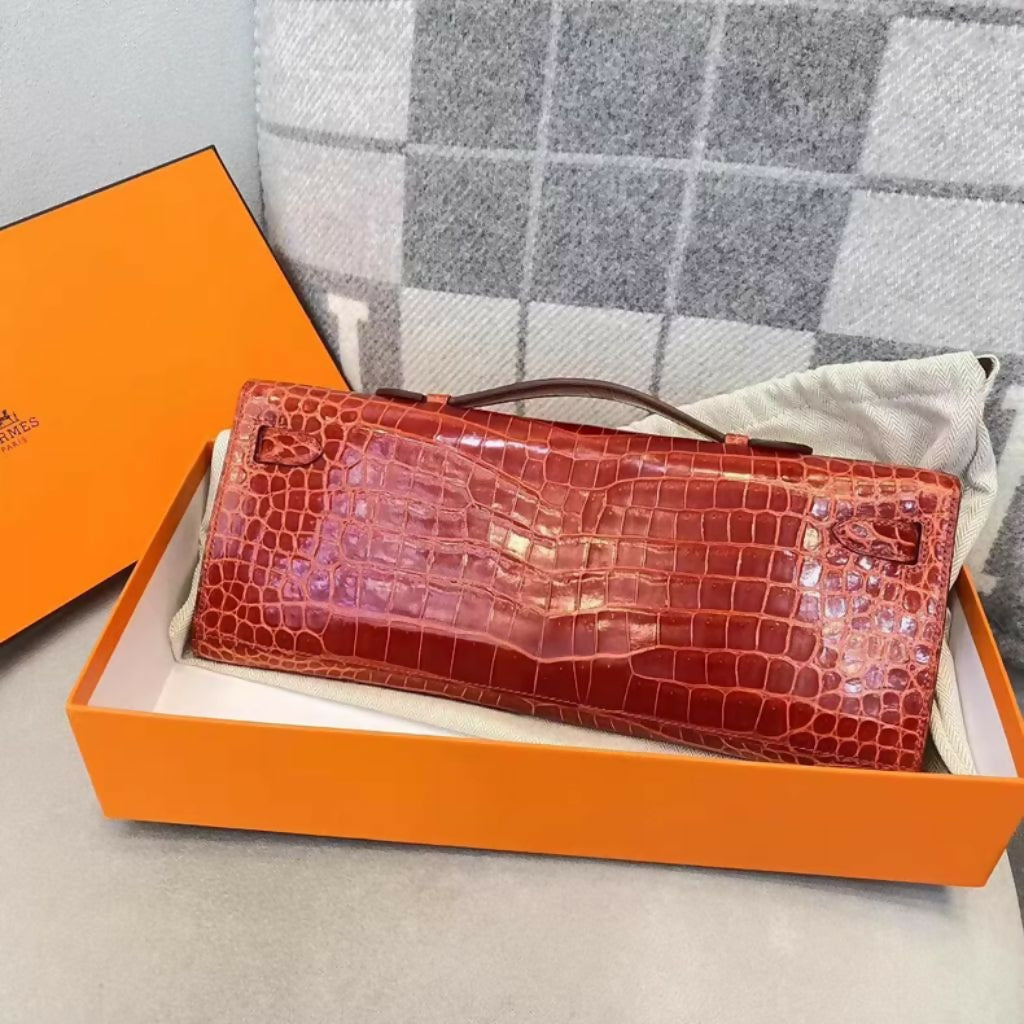 Hermes kelly cut Red Shiny Crocodile Leather Gold Hardware