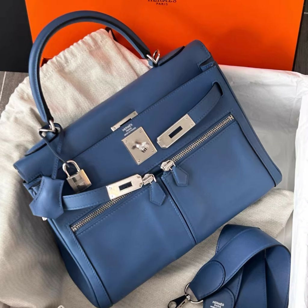 Hermès Kelly Lakis 28 7E Blue with palladium hardware