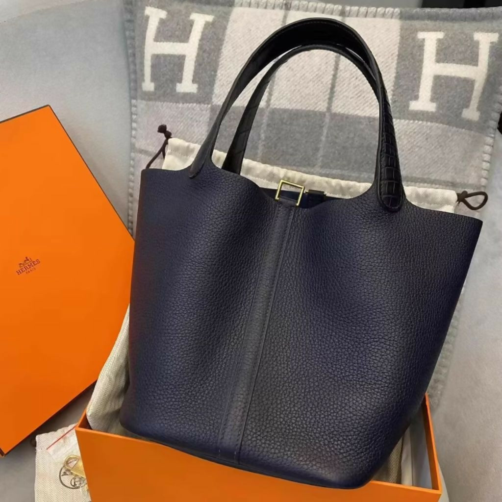 Hermes picotin 22 midnight blue touch crocodile leather gold hardware